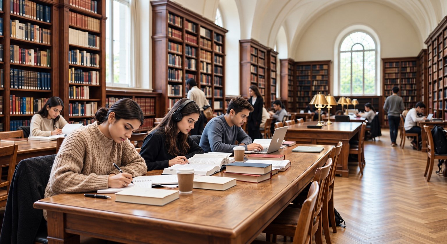 Students preparing in a university library